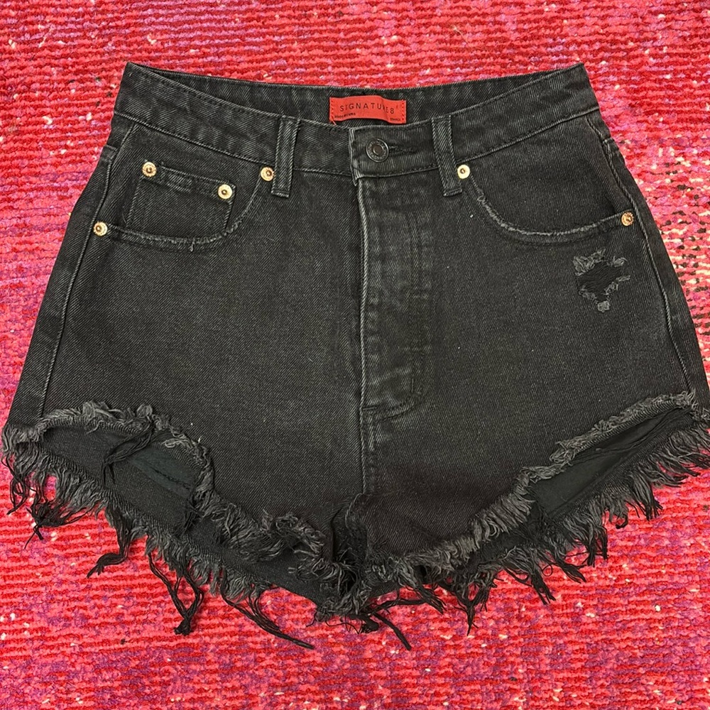 High waisted black denim shorts
